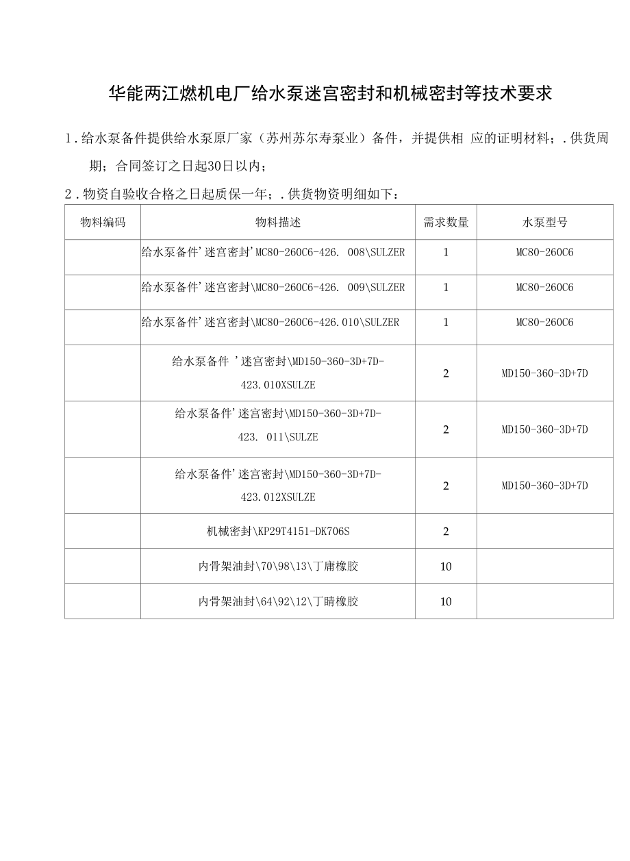 华能两江燃机电厂给水泵迷宫密封和机械密封等技术要求_第1页