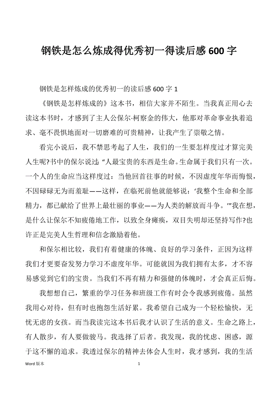 钢铁是怎么炼成得优秀初一得读后感600字_第1页