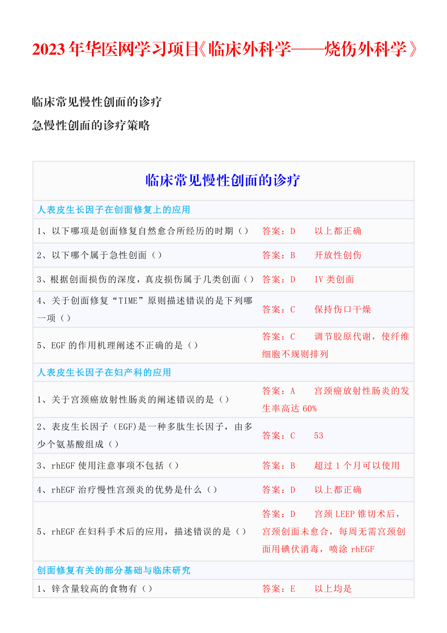 2023年华医网学习项目：《临床外科学—烧伤外科学》答案_第1页