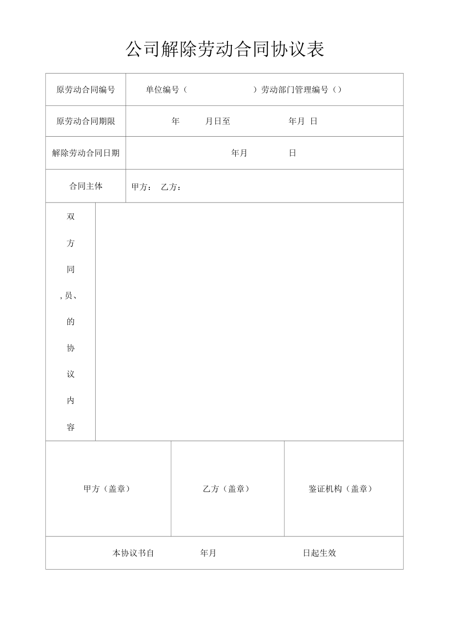 公司解除劳动合同协议表_第1页