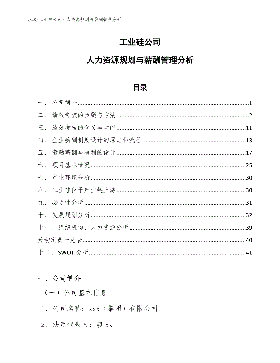 工业硅公司人力资源规划与薪酬管理分析_范文_第1页