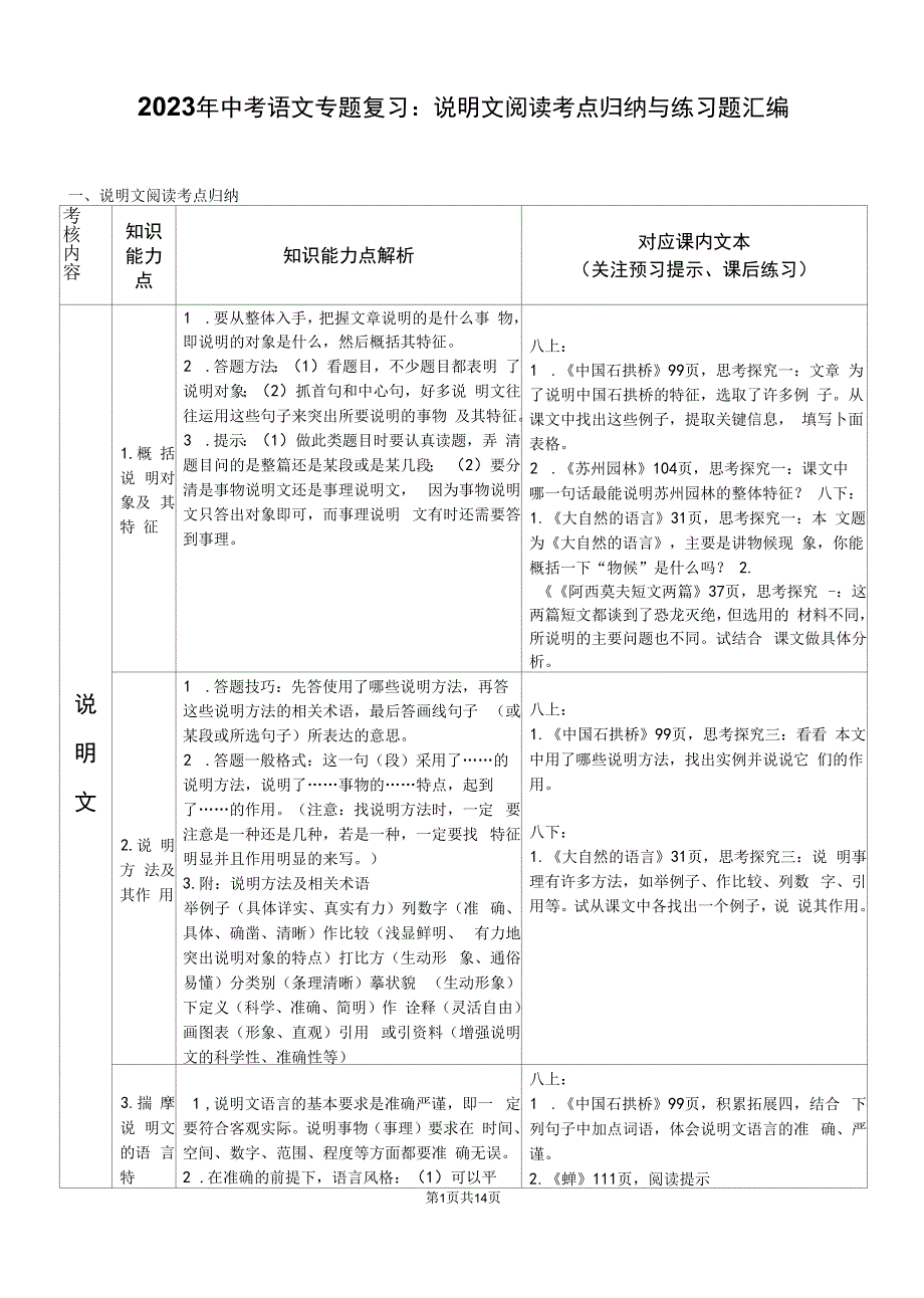 2023年中考语文专题复习：说明文阅读 考点归纳与练习题汇编（Word版含答案）_第1页