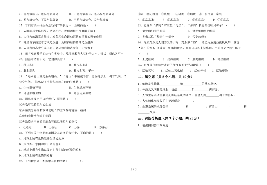 北师大版七年级上册《生物》期末考试(及答案)_第2页