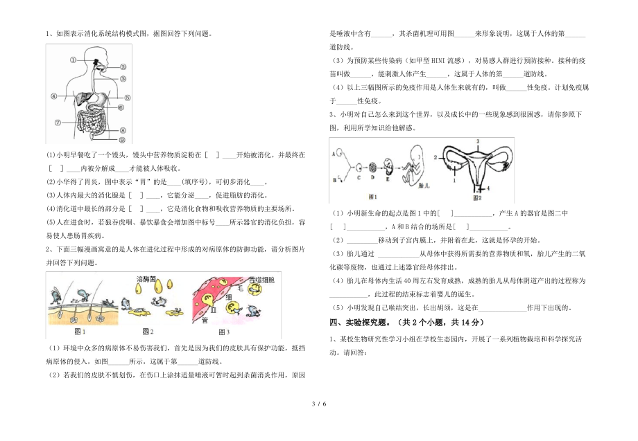 北师大版七年级上册《生物》期末模拟考试【加答案】_第3页