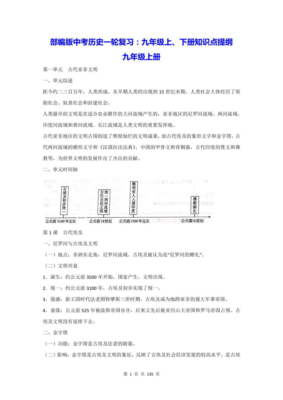 部编版中考历史一轮复习：九年级上、下册知识点提纲（附10套综合测试卷及答案）_第1页