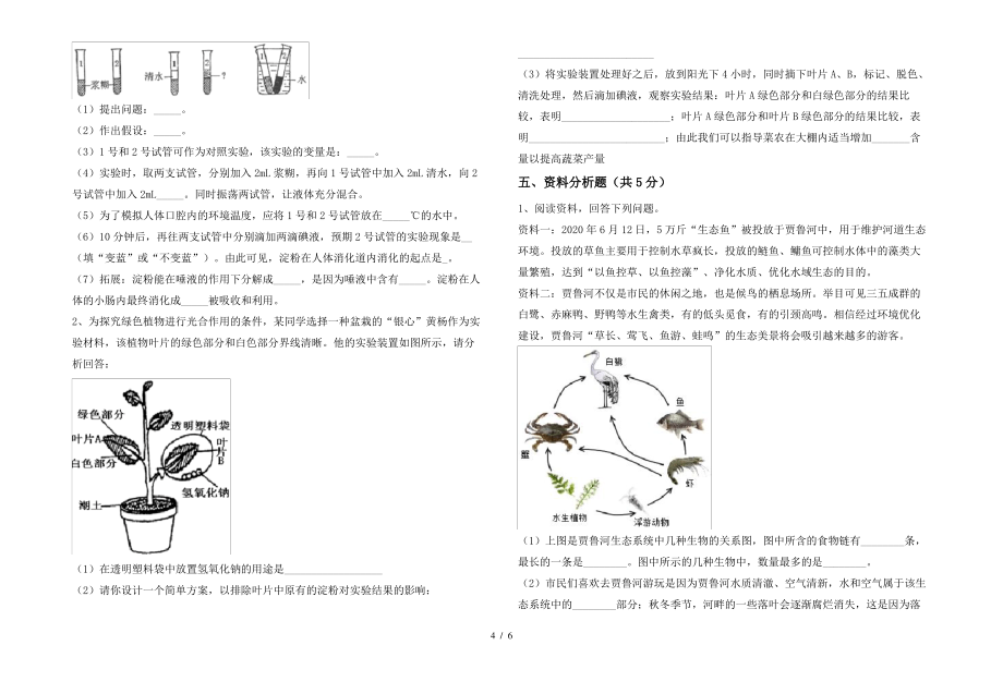 北师大版七年级上册《生物》期末试卷及答案【精编】_第4页