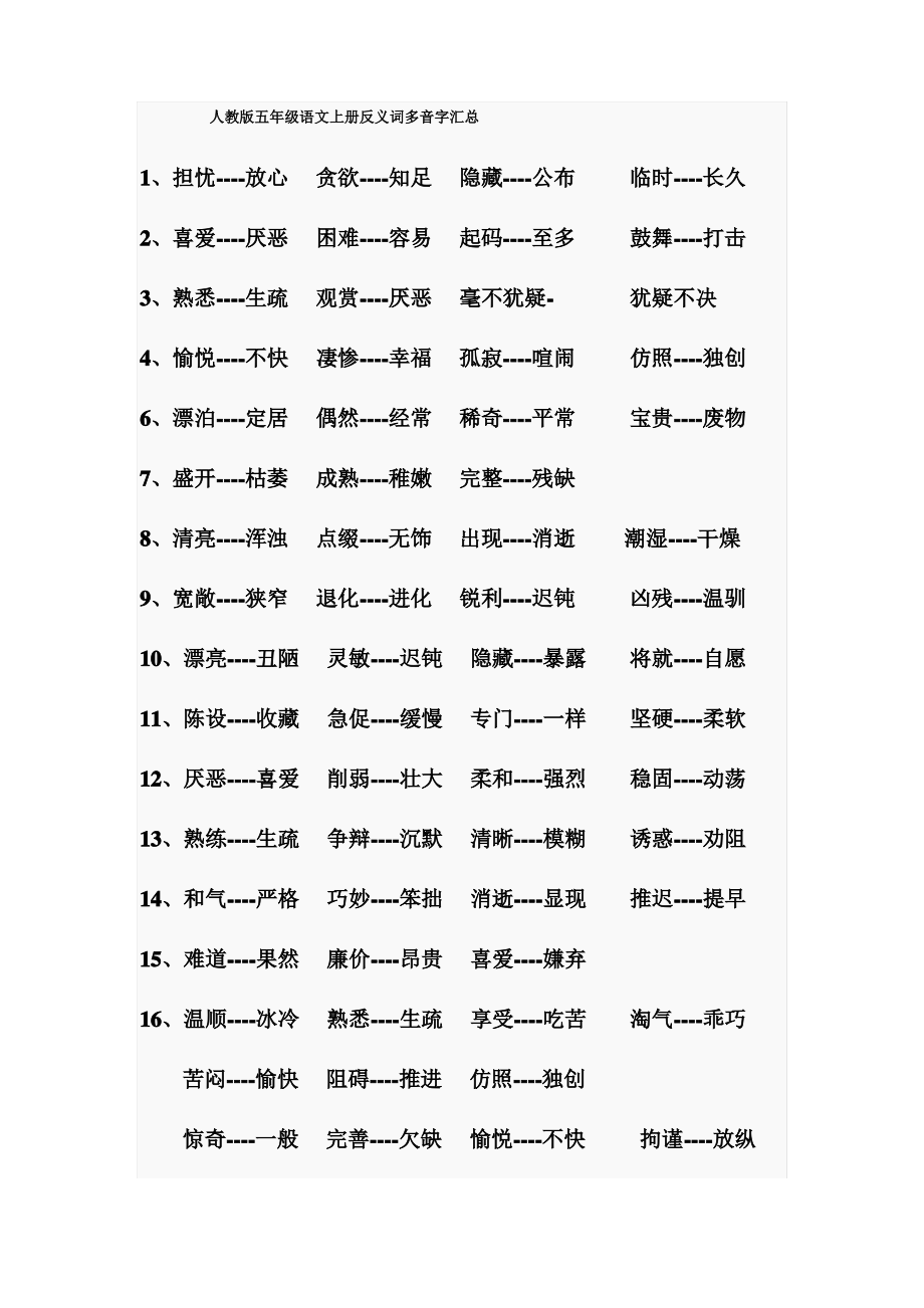 人教版五年级语文上册反义词多音字汇总_第1页