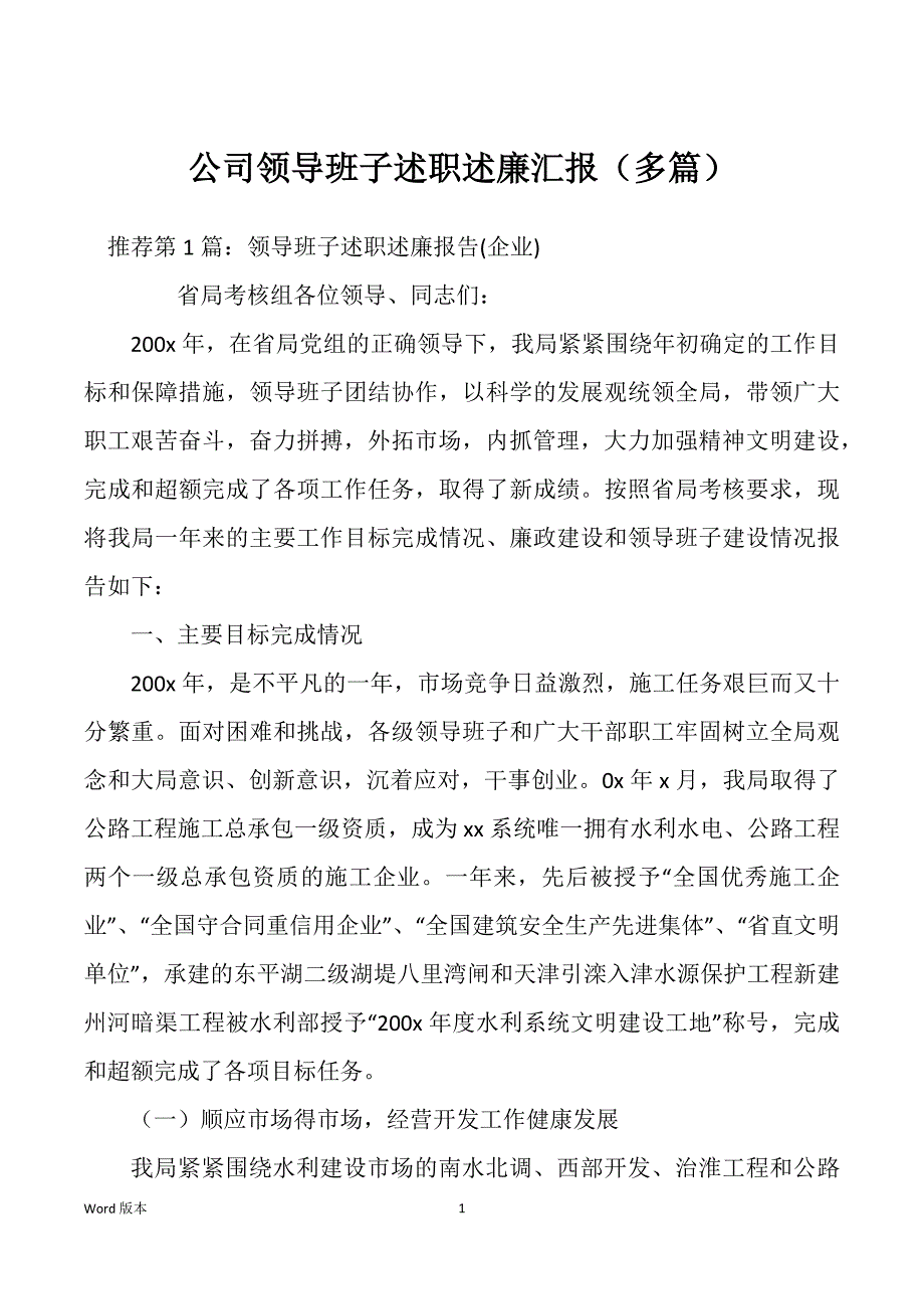 公司领导班子述职述廉汇报（多篇）_第1页