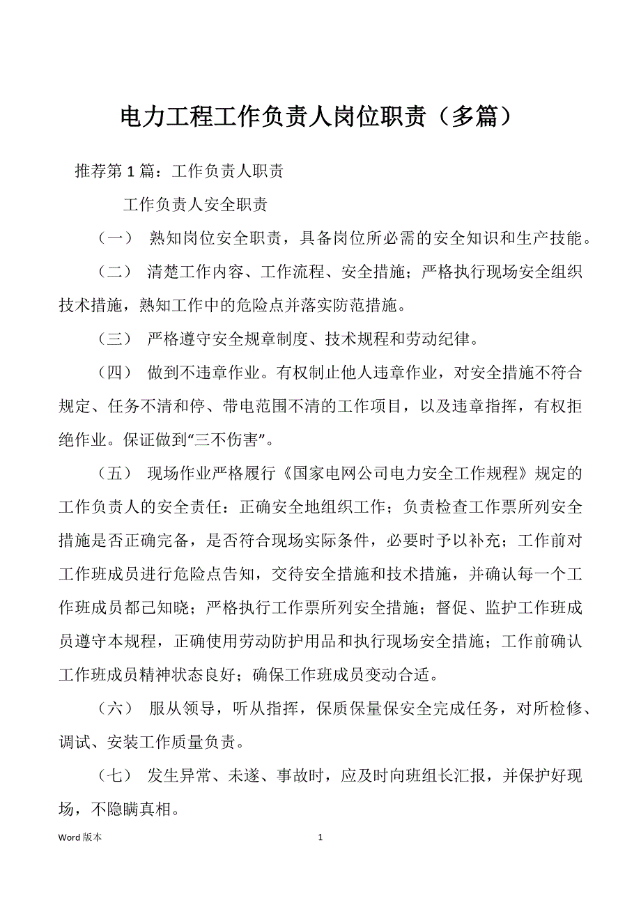 电力工程工作负责人岗位职责（多篇）_第1页