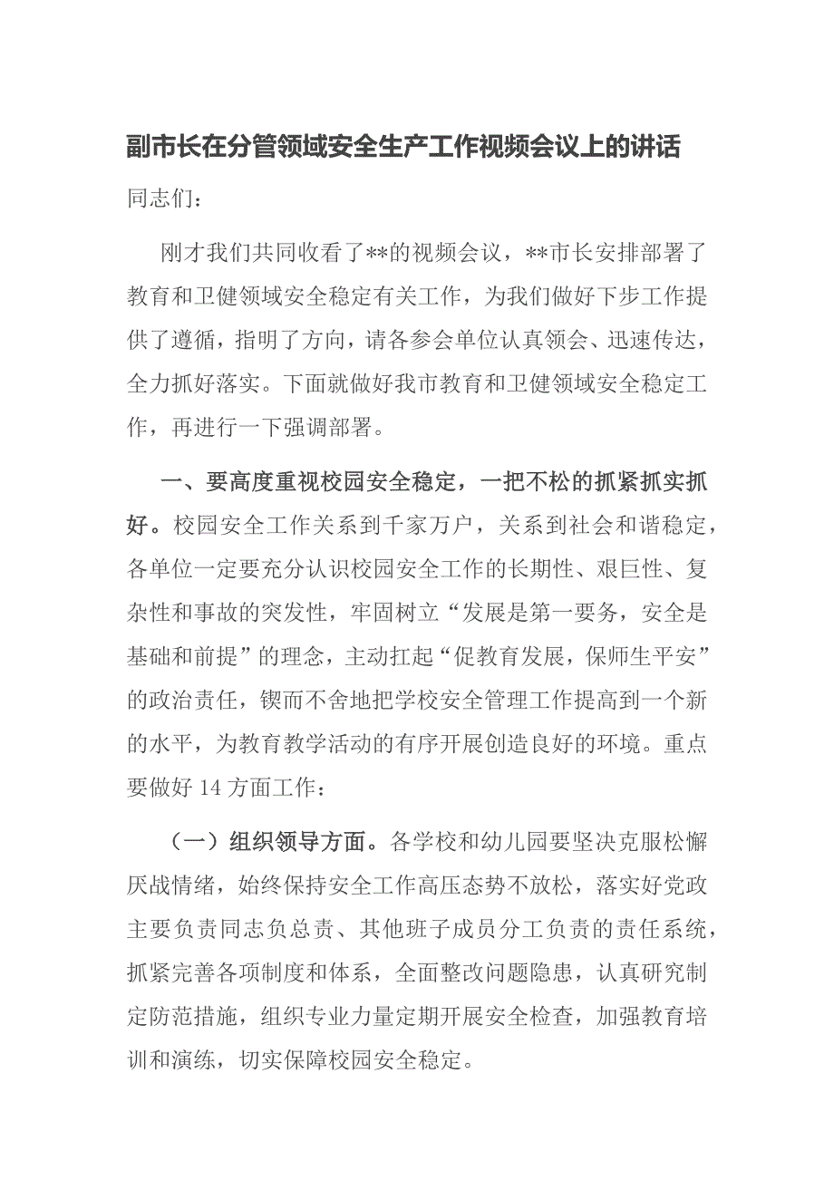 副市长在分管领域安全生产工作视频会议上的讲话_第1页