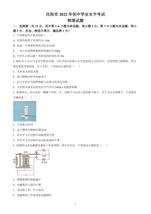 2022年辽宁省沈阳市中考物理试题（含答案解析）