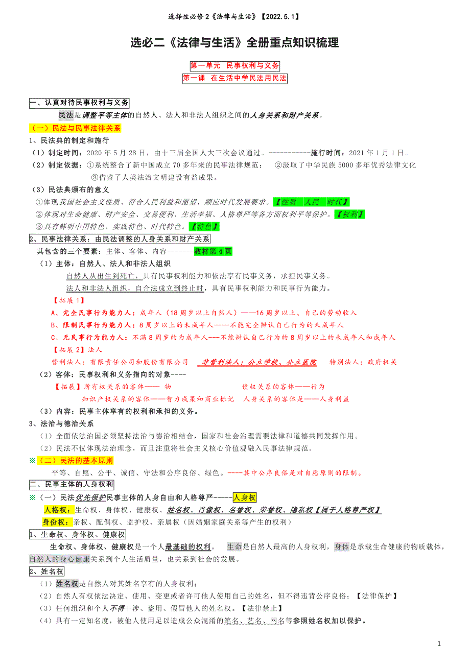 2021-2022学年高中政治统编版选择性二法律与生活知识总结_第1页