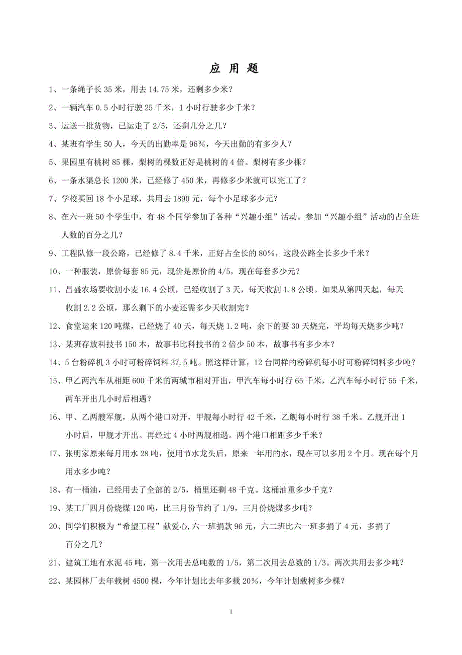 2016年小升初人教版总复习总结试题-应用题_第1页