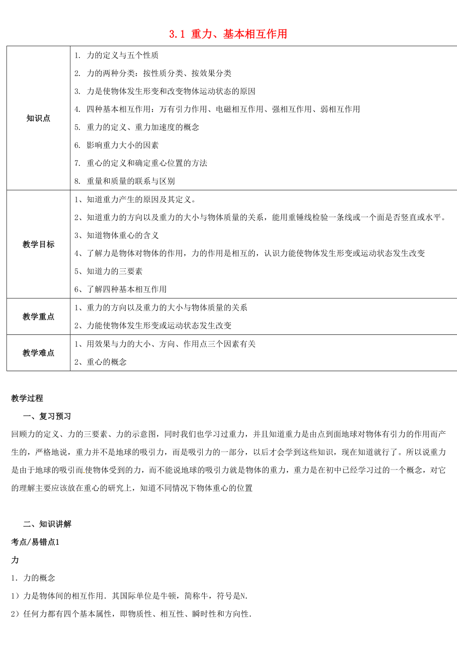 高中物理第三章相互作用3.1重力、基本相互作用教案9新人教版必修_第1页