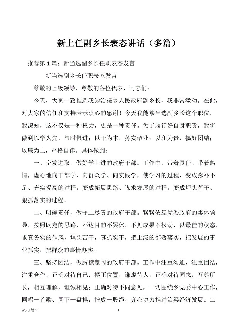 新上任副乡长表态讲话（多篇）_第1页
