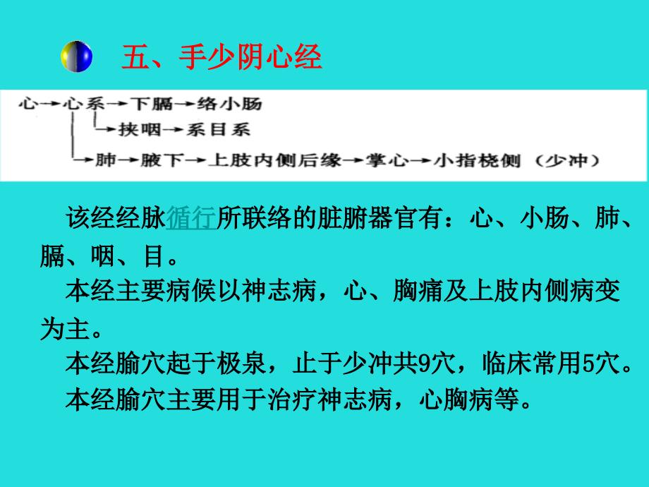 五、手少阴心经-该经经脉循行所联络的脏腑器官有心、小肠、肺讲解_第1页