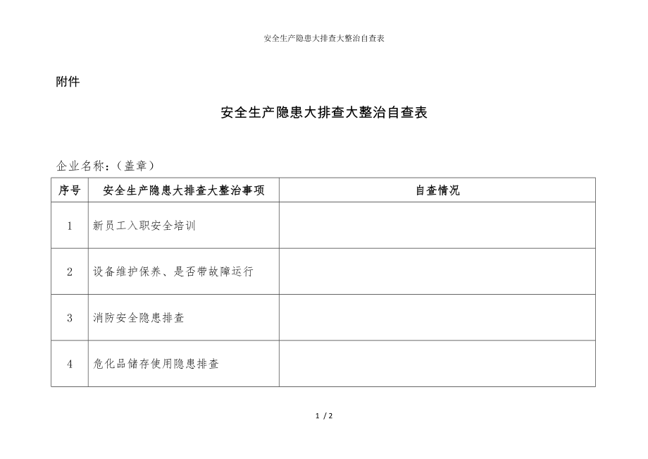 安全生产隐患大排查大整治自查表参考模板范本_第1页