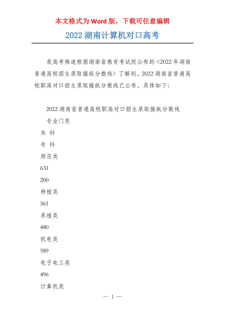 2022湖南计算机对口高考_第1页