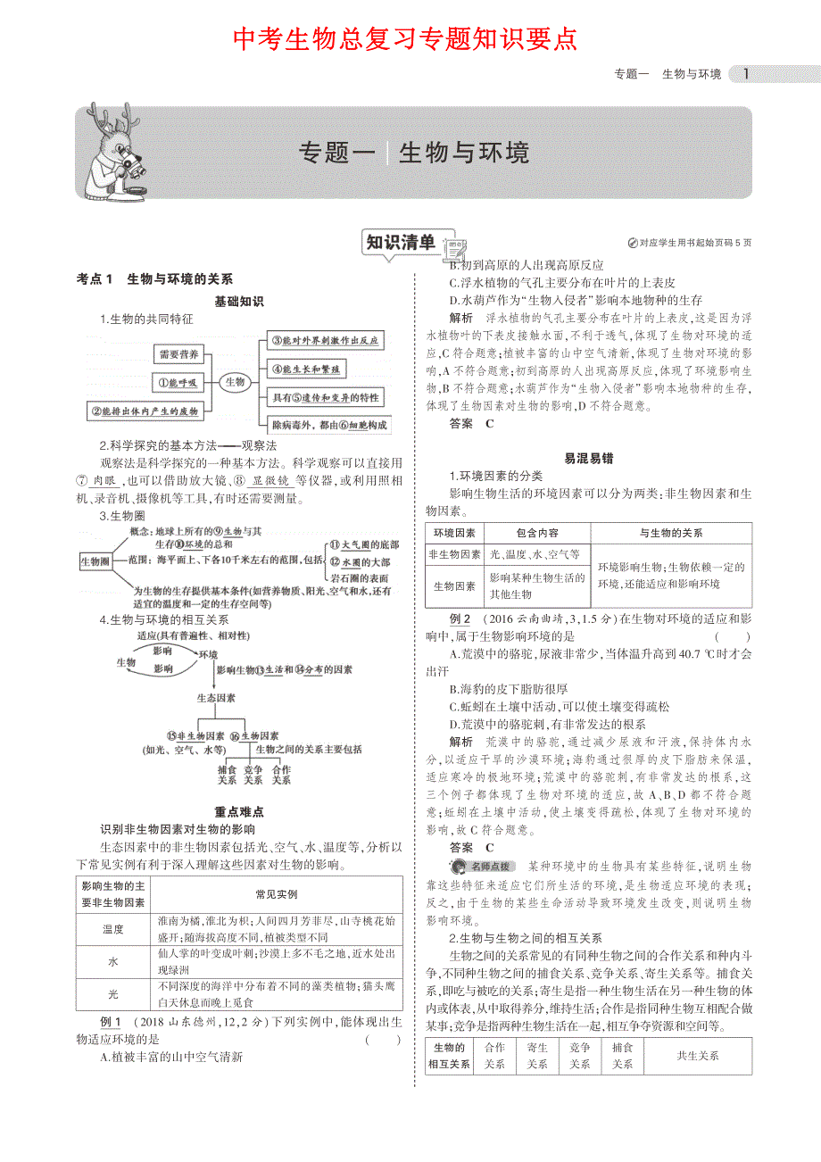 中考生物总复习专题知识要点【打印版】_第1页