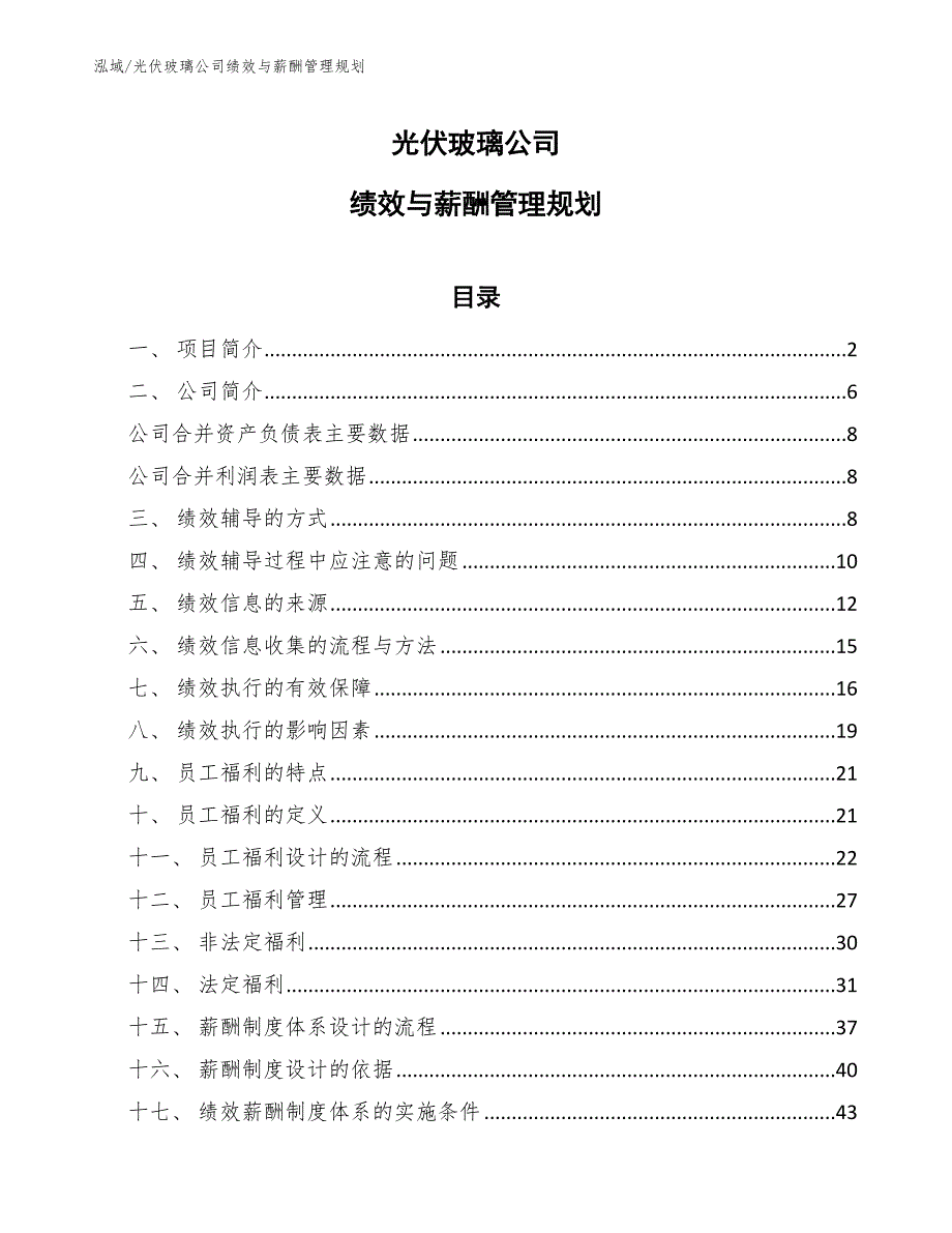 光伏玻璃公司绩效与薪酬管理规划（范文）_第1页