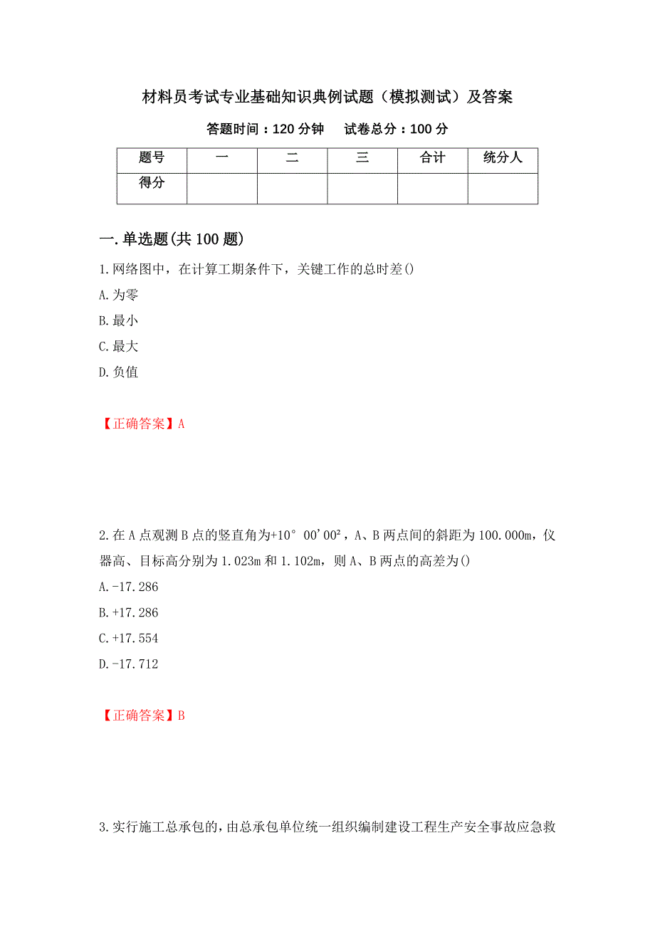 材料员考试专业基础知识典例试题（模拟测试）及答案[53]_第1页