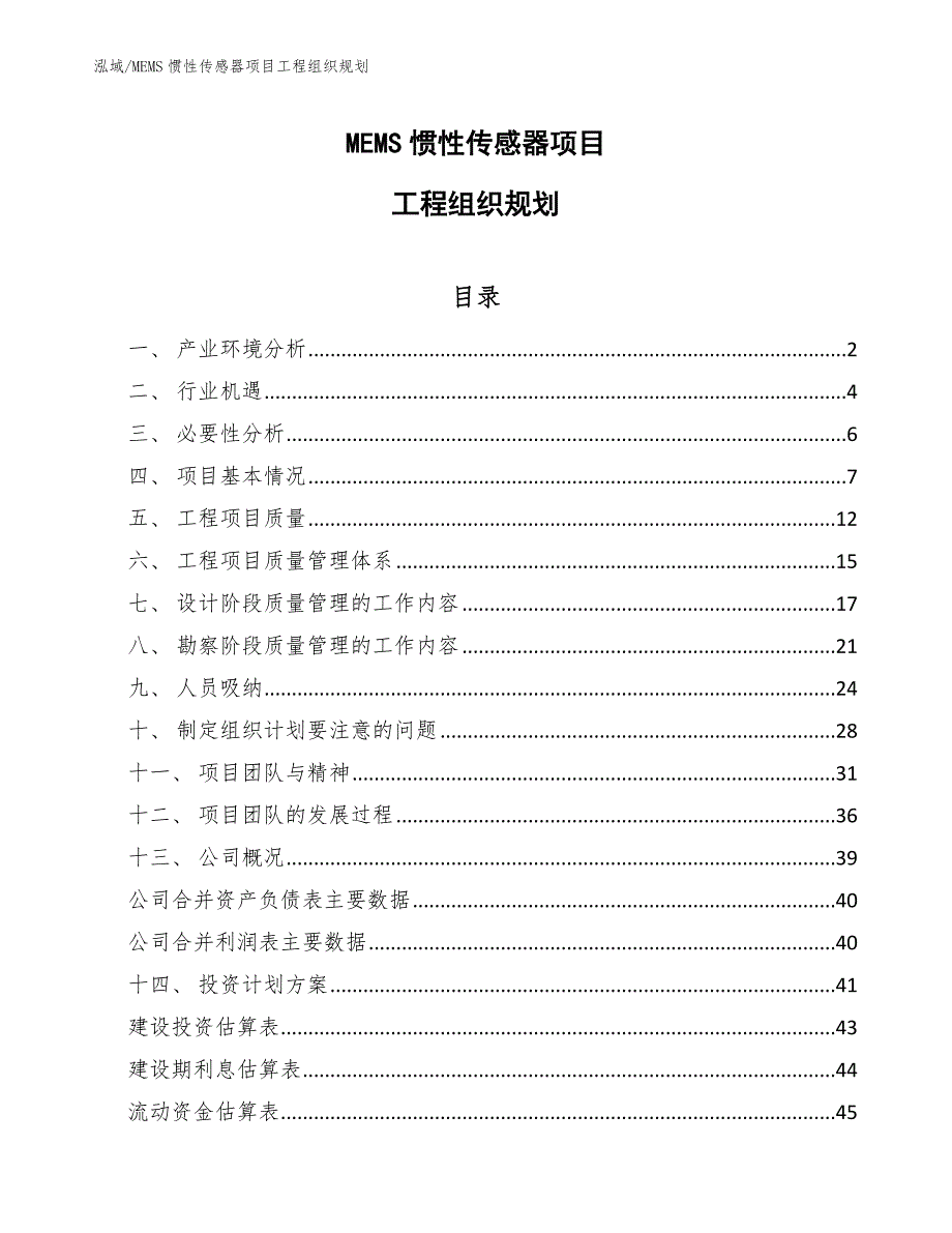 MEMS惯性传感器项目工程组织规划（范文）_第1页