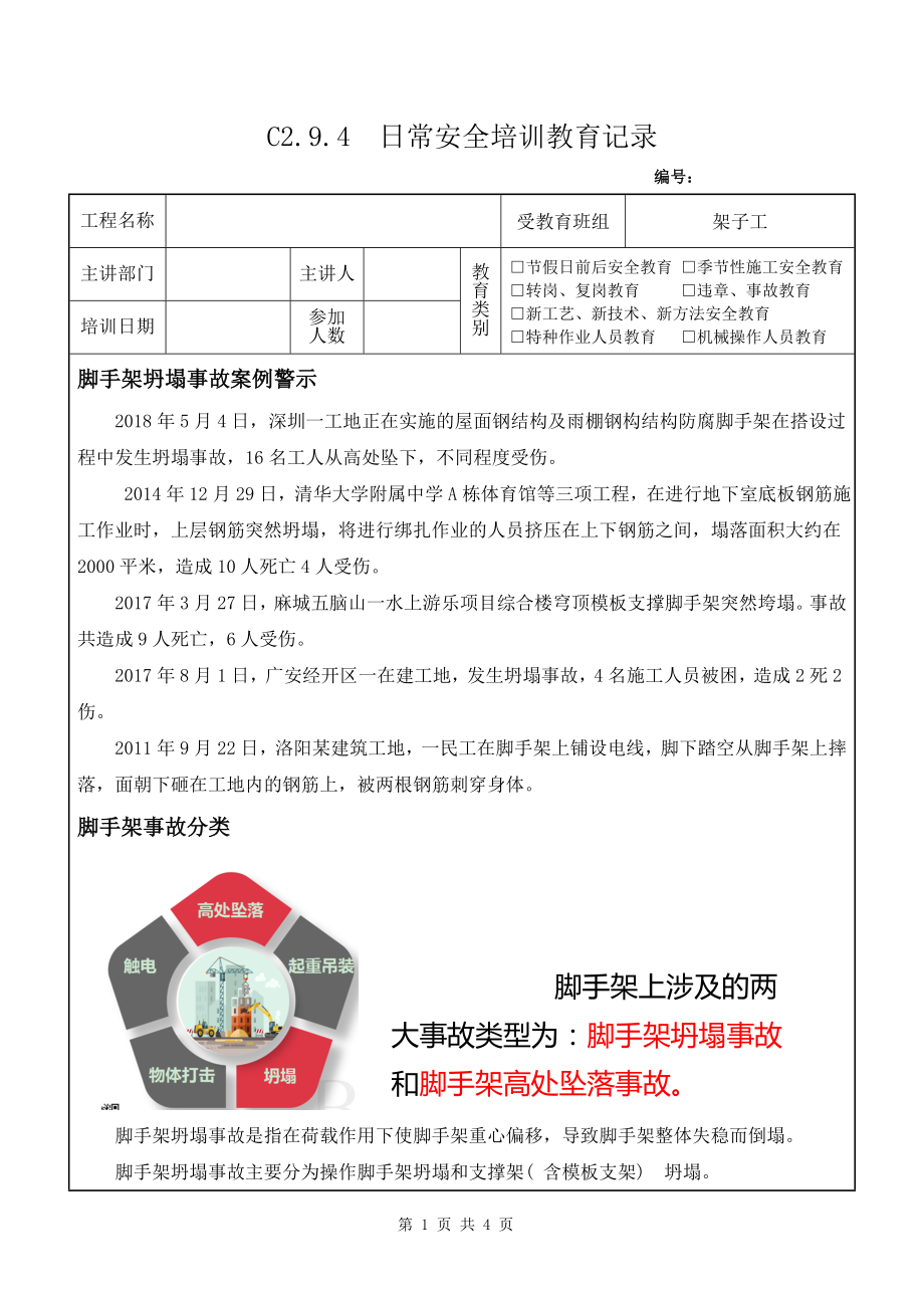 架子工教育培训记录5脚手架事故案例参考修改模板范本_第1页