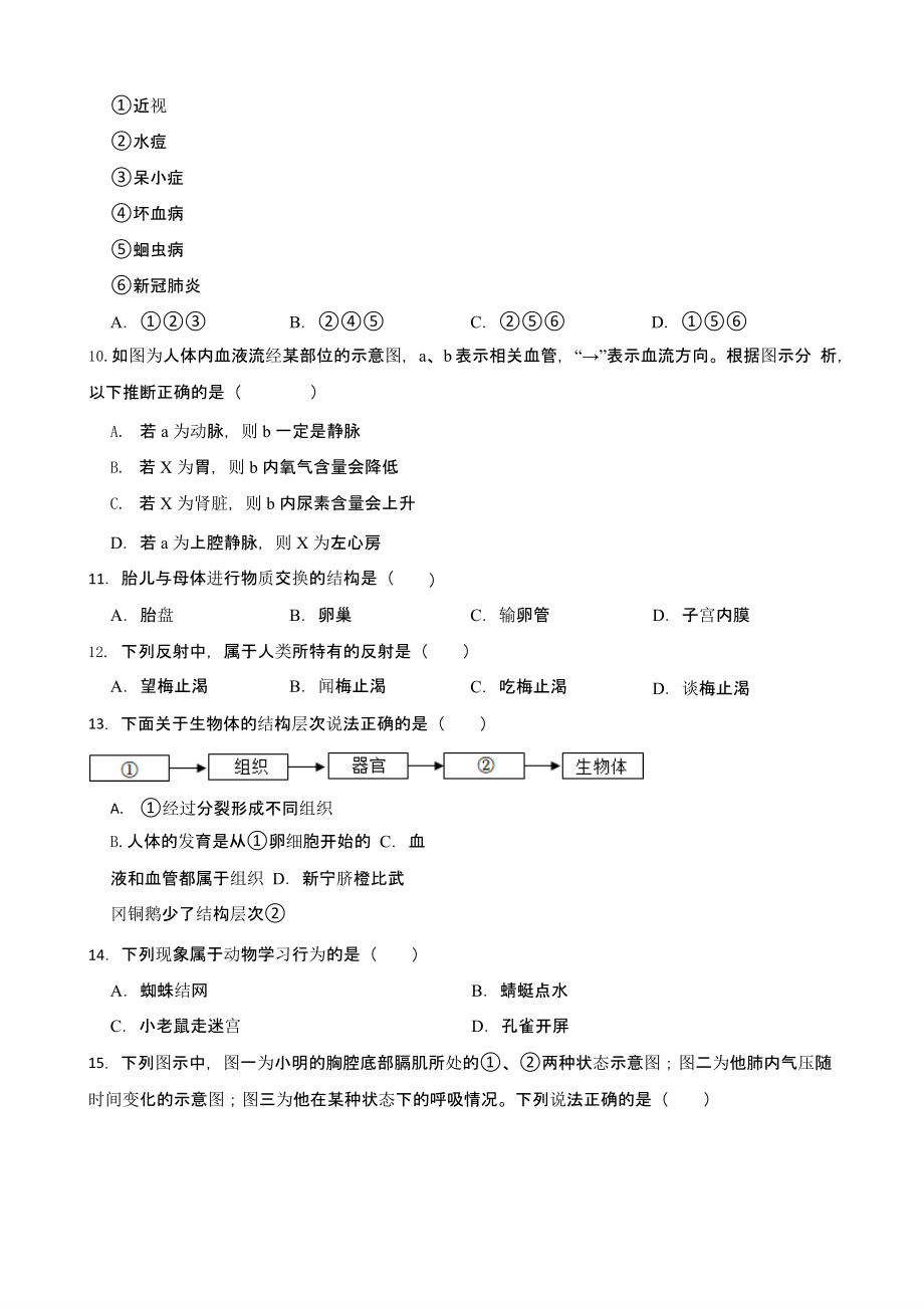 湖南省邵阳市2022年中考生物试卷（含答案）_第2页