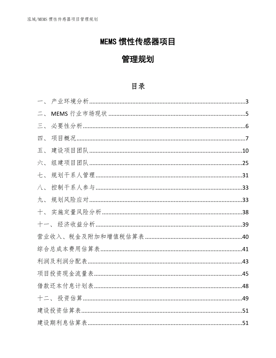 MEMS惯性传感器项目管理规划_第1页