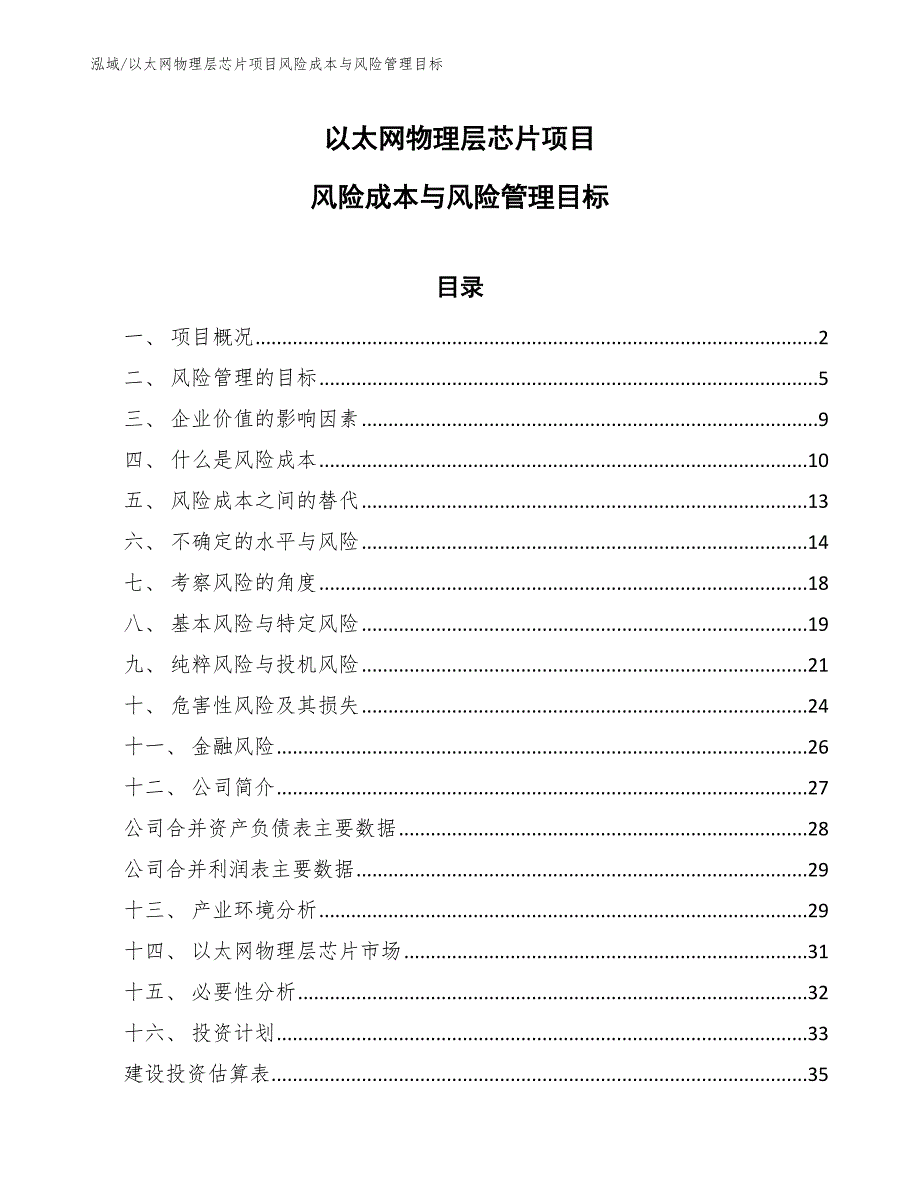 以太网物理层芯片项目风险成本与风险管理目标（范文）_第1页