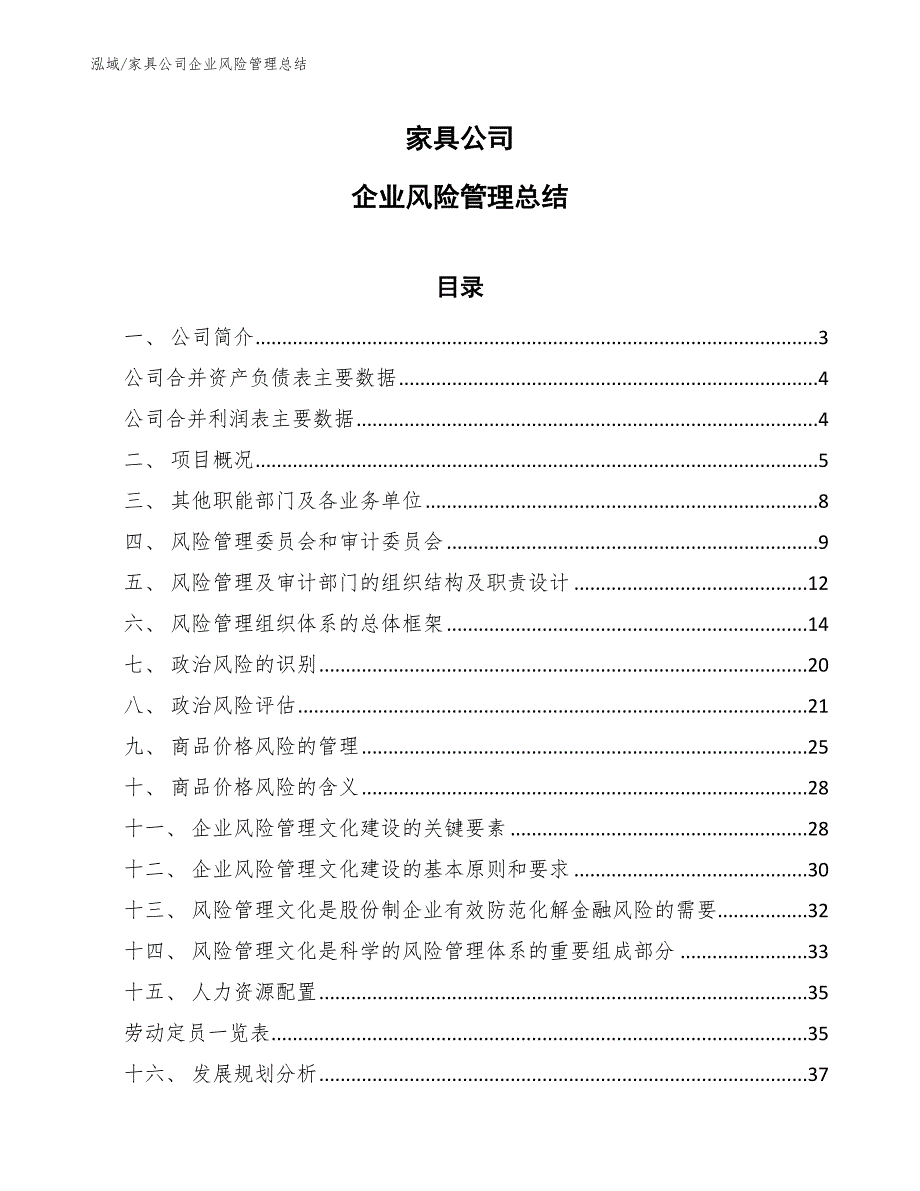 家具公司企业风险管理总结【范文】_第1页