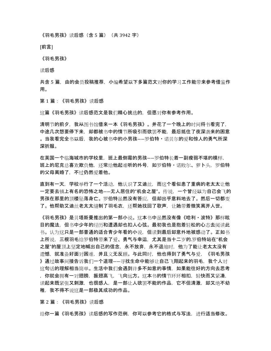 《羽毛男孩》读后感（含5篇）（共3942字）_第1页