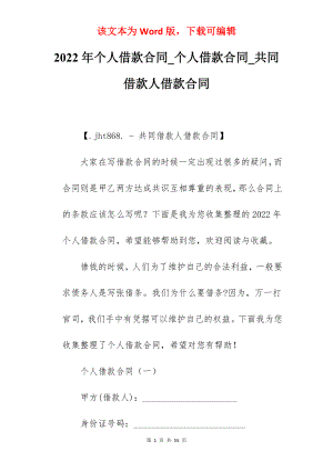 2022年个人借款合同_个人借款合同_共同借款人借款合同