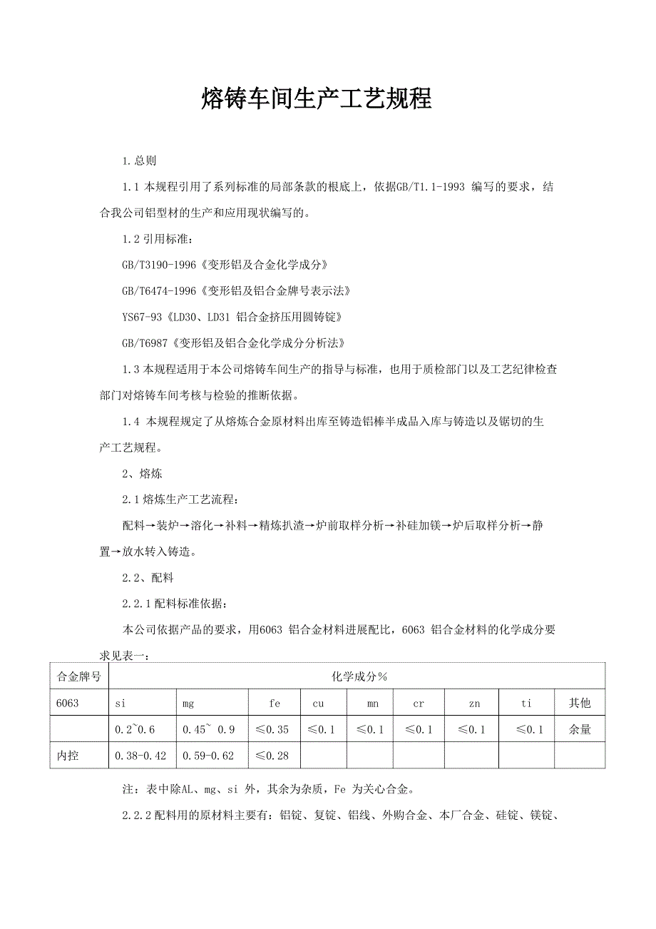 熔铸车间生产工艺规程_第1页