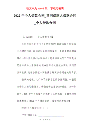 2022年个人借款合同_共同借款人借款合同_个人借款合同