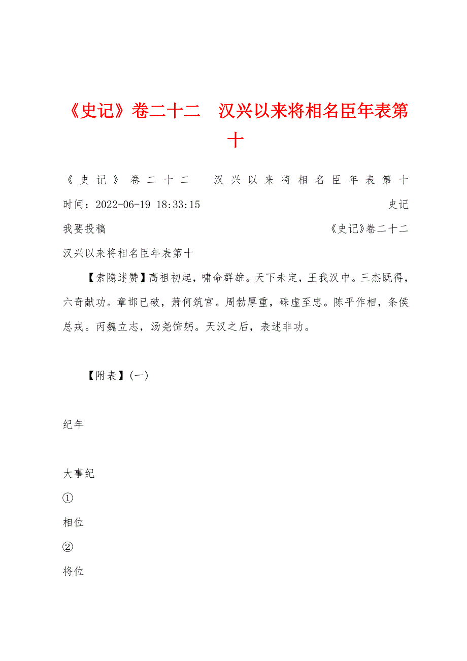 《史记》卷二十二　汉兴以来将相名臣年表第十_第1页