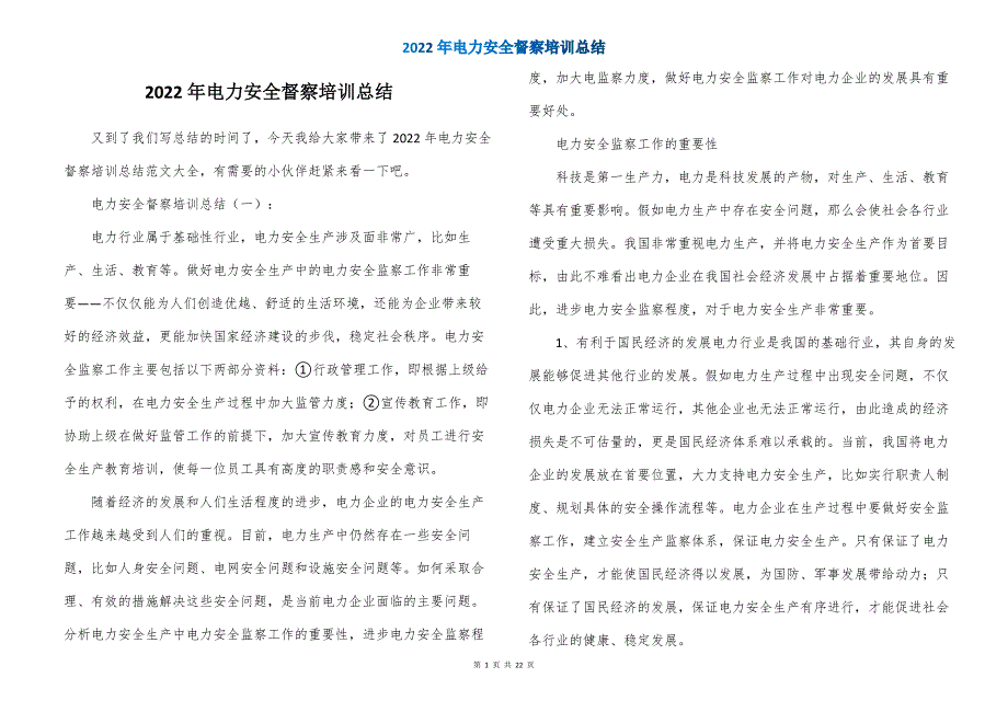 2022年电力安全督察培训总结_第1页