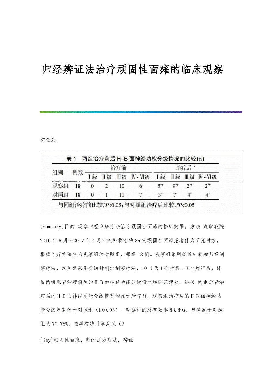 归经辨证法治疗顽固性面瘫的临床观察_第1页