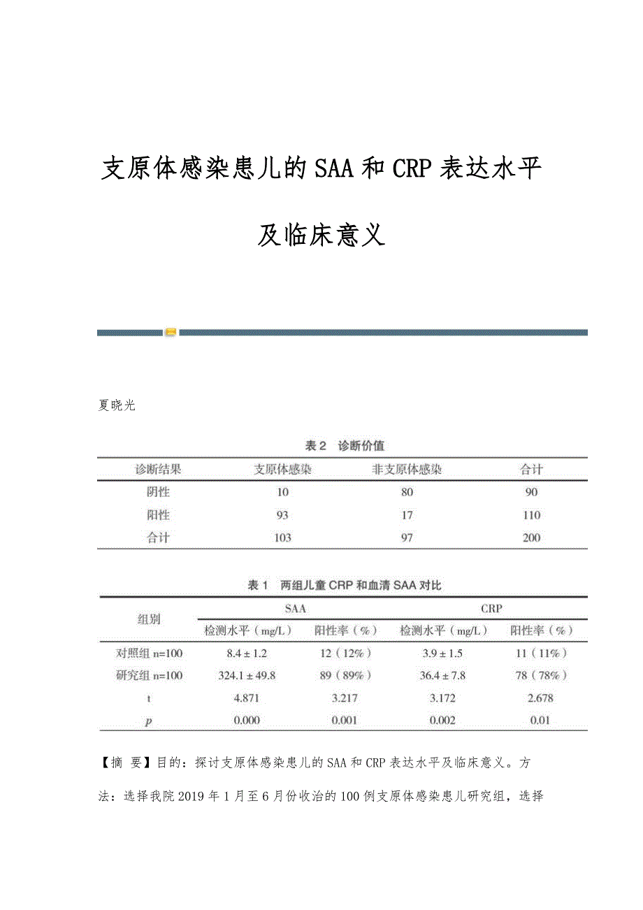 支原体感染患儿的SAA和CRP表达水平及临床意义_第1页