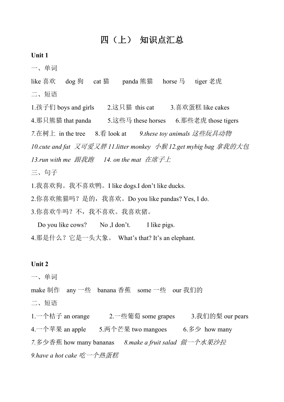 江苏译林版四年级英语上册U1-U2知识点汇总_第1页