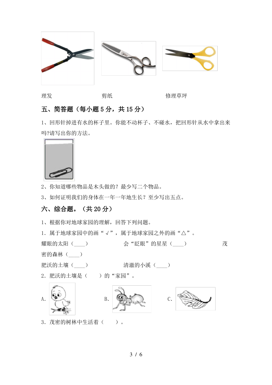 二年级科学上册期中测试卷(精选)_第3页