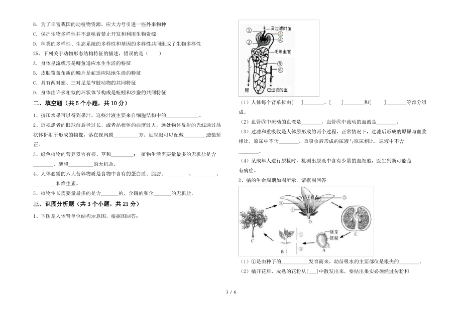 人教版七年级上册《生物》期末考试(带答案)_第3页