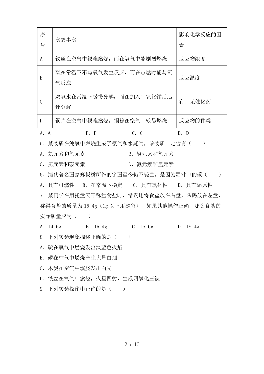 2022年鲁教版八年级化学上册期末模拟考试【及答案】_第2页