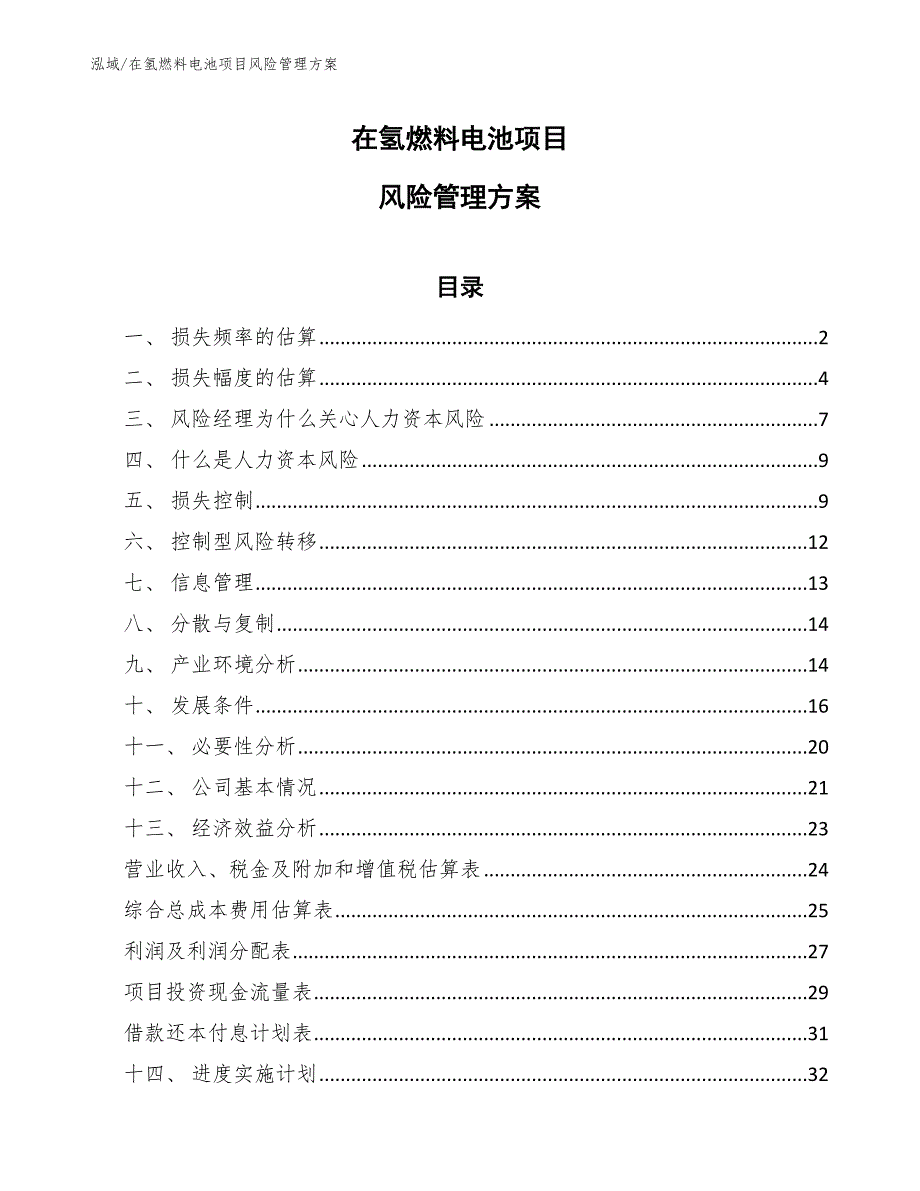 在氢燃料电池项目风险管理方案_第1页