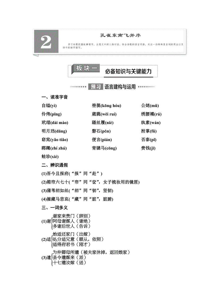 人教统编版高中语文选修性必修下册1. 2　孔雀东南飞并序 讲义 (含详解)_第1页