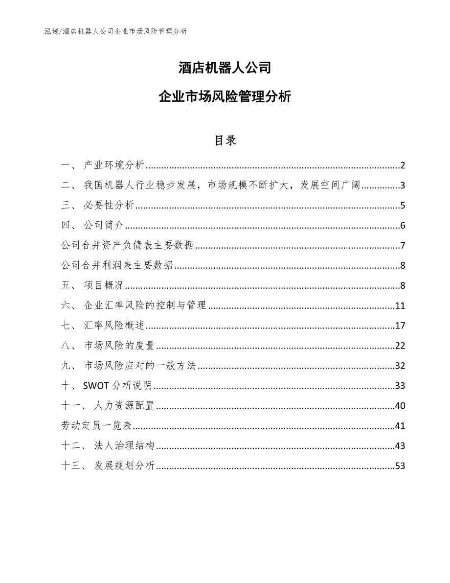 酒店机器人公司企业市场风险管理分析【范文】_第1页