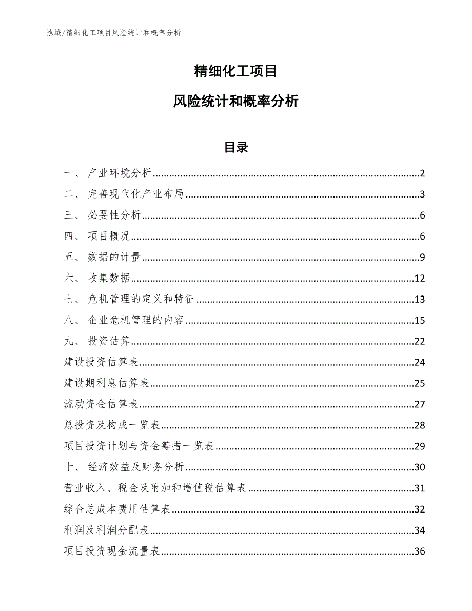 精细化工项目风险统计和概率分析（参考）_第1页