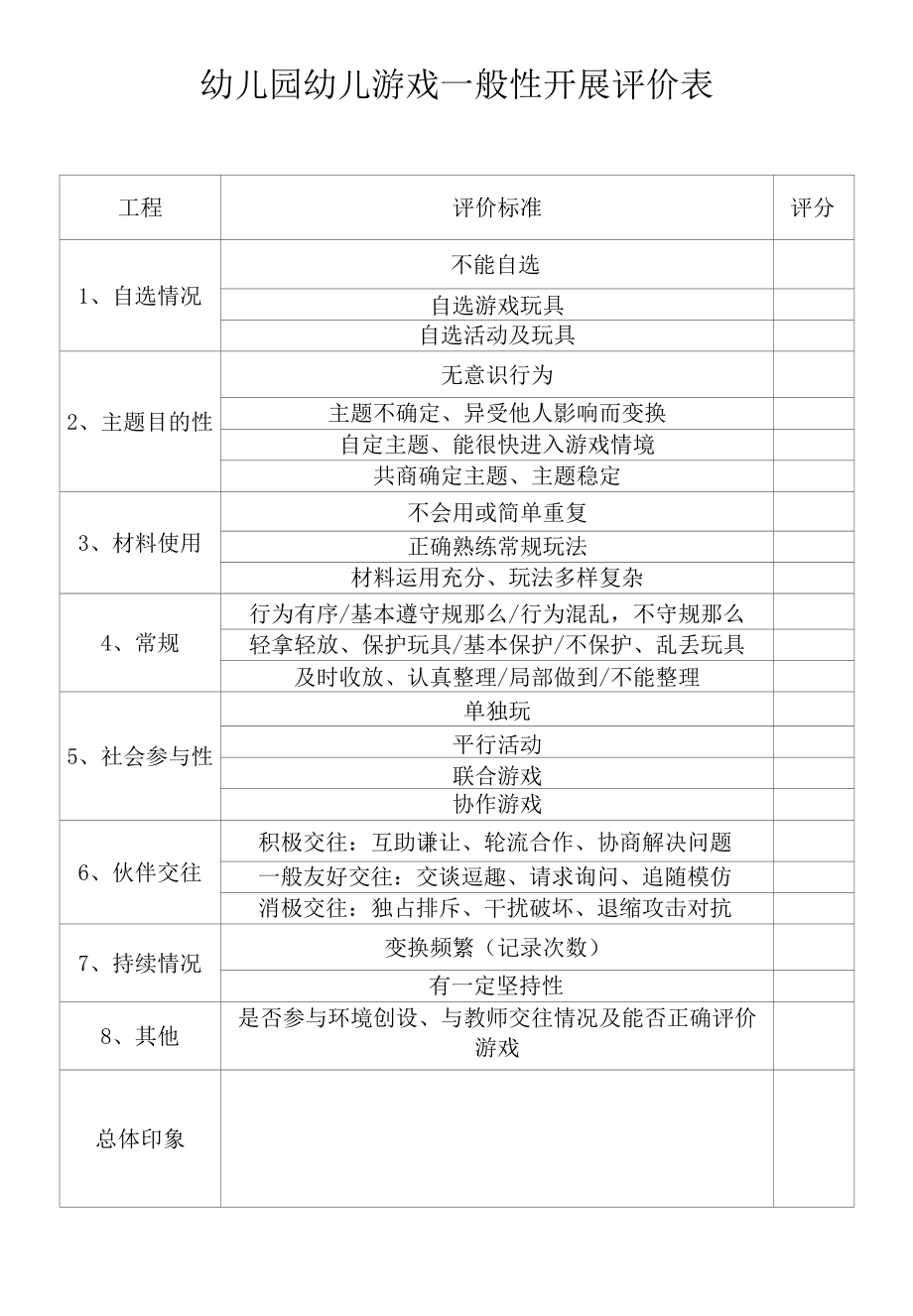 幼儿园幼儿游戏一般性发展评价表_第1页