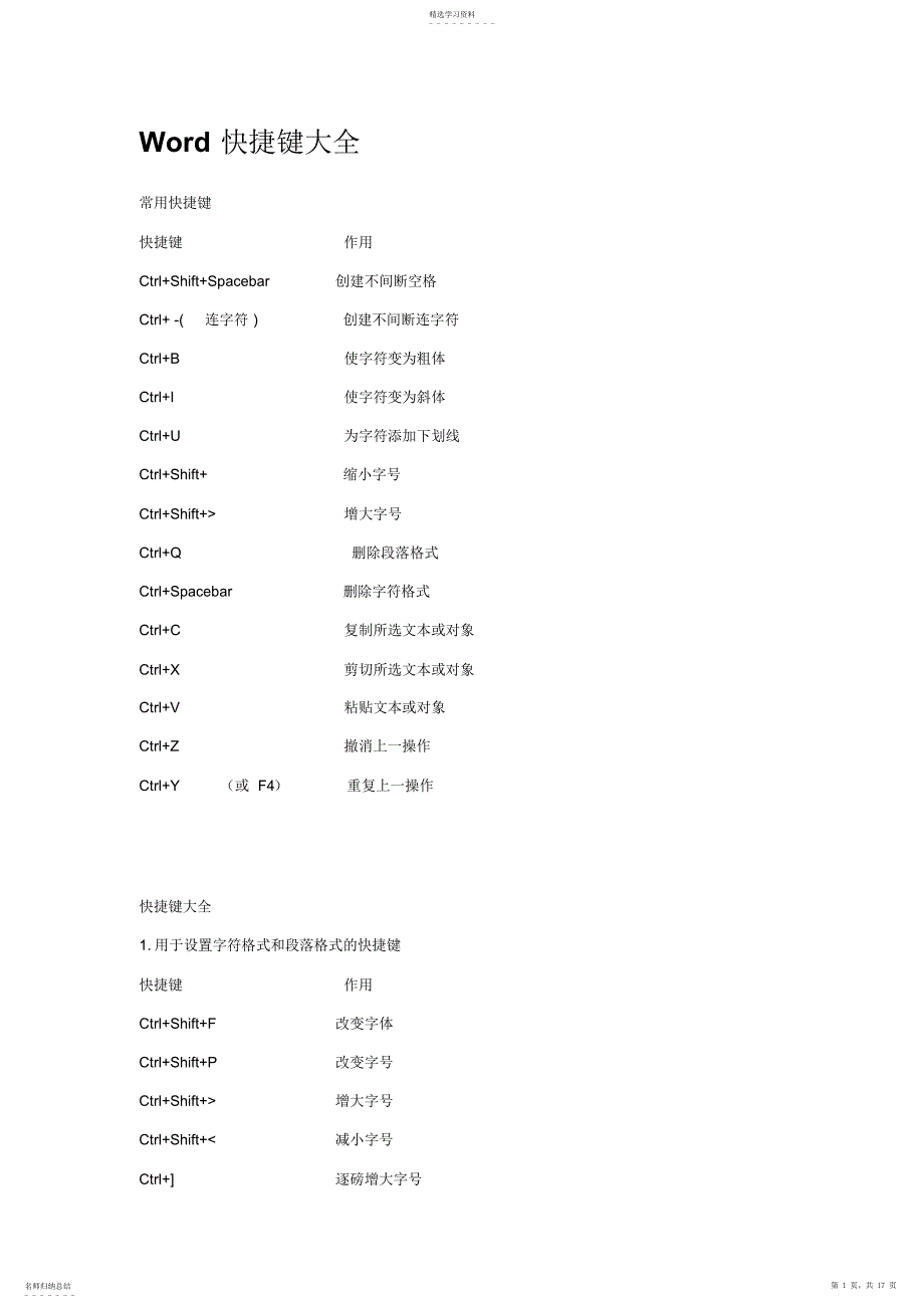 2022年电脑知识操作技巧大全Word快捷键大全_第1页