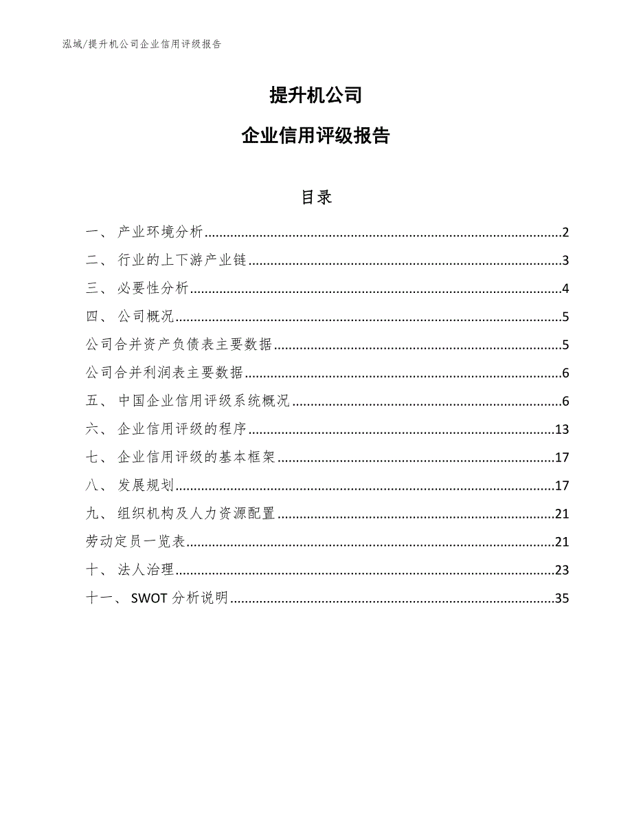 提升机公司企业信用评级报告_范文_第1页